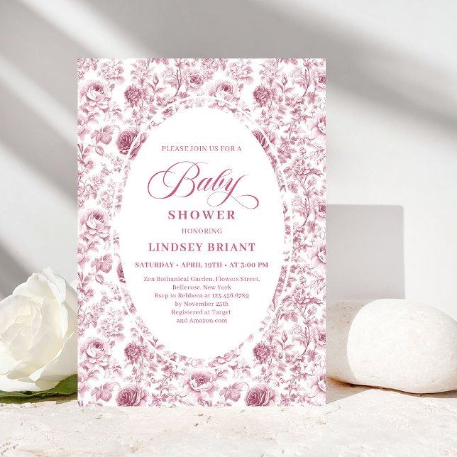 Classic Pink and White Rose Pattern Baby Shower  Einladung (Classic Pink and White Rose Pattern Baby Shower Invite)