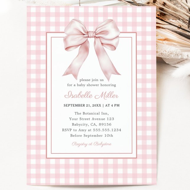 Classic Pink Bow Gingham Girl Baby Shower Einladung (Classic Pink Bow Gingham Girl Baby Shower Invitation)