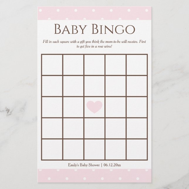 Classic Pink Polka Dot Girl Baby Shower Bingo Spie (Vorderseite)
