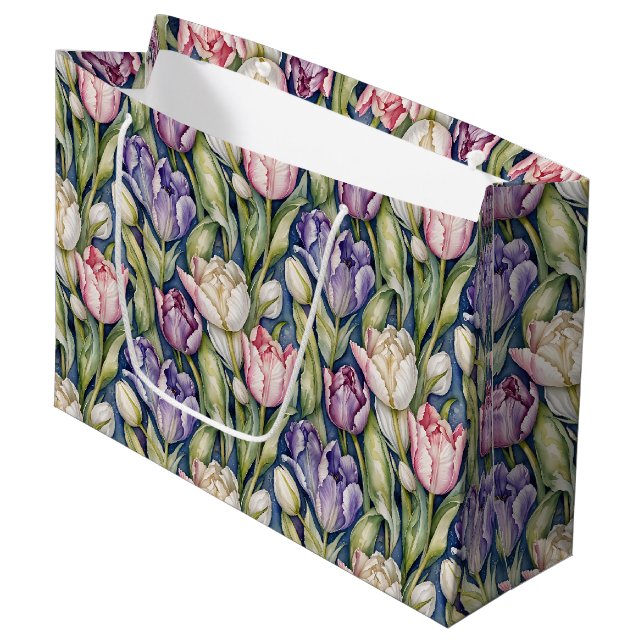 Classic Pink, Purple, Whute Tulips Große Geschenktüte (Vorderseite Schrägansicht)