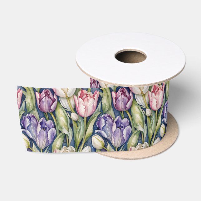Classic Pink, Purple, Whute Tulips Satinband (Spule)