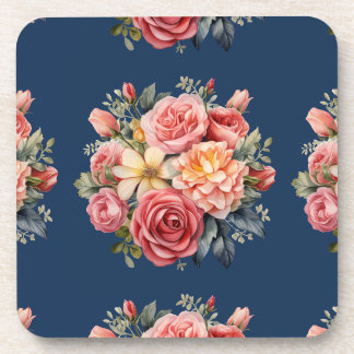 Classic Pink Roses Floral on a Blue Background Getränkeuntersetzer