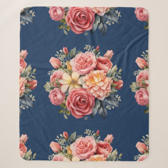 Classic Pink Roses Floral on a Blue Background Sherpadecke (Vorderseite)