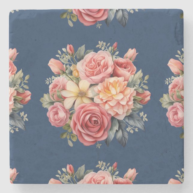 Classic Pink Roses Floral on a Blue Background Steinuntersetzer (Vorderseite)