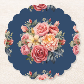 Classic Pink Roses Floral on a Blue Background Untersetzer