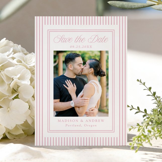 Classic Pink Stripes Photo Wedding Save The Date (Von Creator hochgeladen)