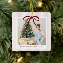 Classic Pink Stripes Red Bow Christmas Ceramic Orn Keramikornament