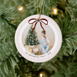 Classic Pink Stripes Red Bow Christmas Keramik Ornament