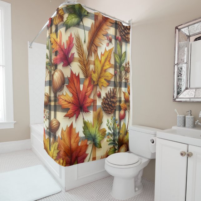 Classic Plaid Automne Feuilles Douche Rideau (En situation)