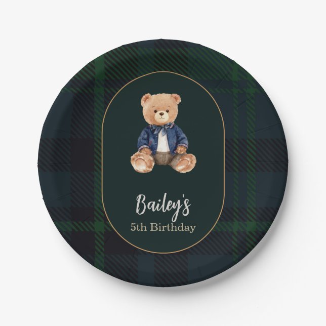 Classic Plaid Little Bear Birthday Pappteller (Vorderseite)