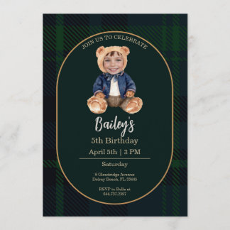 Classic Plaid Little Bear Birthday Photo Einladung