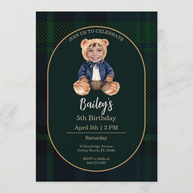 Classic Plaid Little Bear Birthday Photo Einladung (Vorderseite)