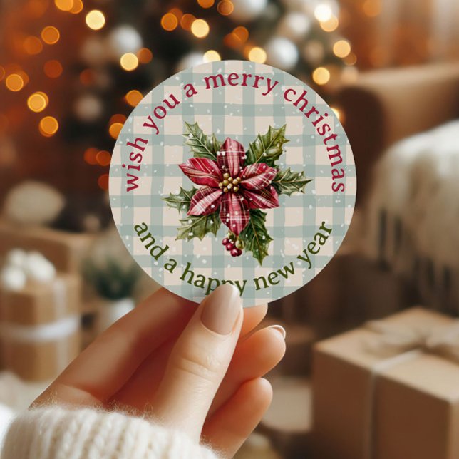 Classic Plaid Poinsettia Floral Merry Christmas Runder Aufkleber (Von Creator hochgeladen)