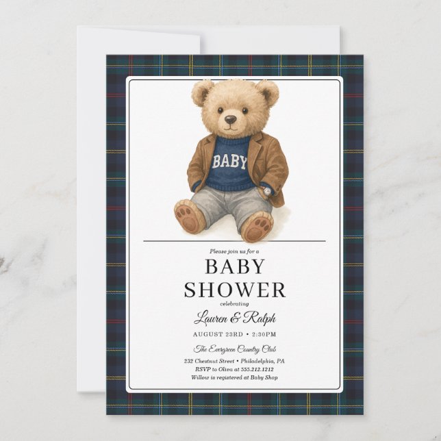 Classic Plaid Teddy Bear Baby Shower Einladung (Vorderseite)