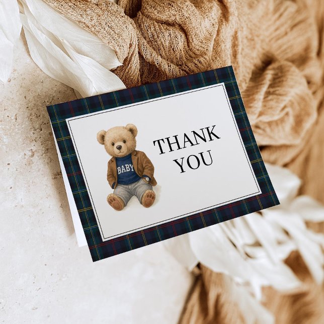 Classic Plaid Teddy Bear Baby Shower Thank You  Einladung (Von Creator hochgeladen)
