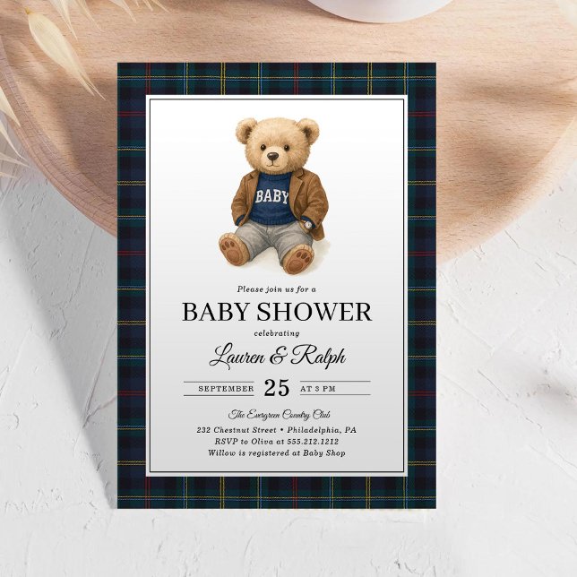 Classic Plaid Teddy Bear Lauren Baby Shower Einladung (Von Creator hochgeladen)