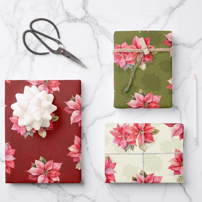 Classic Poinsettia Weihnachtsfeiertage Blume Geschenkpapier Set (Vorderseite)