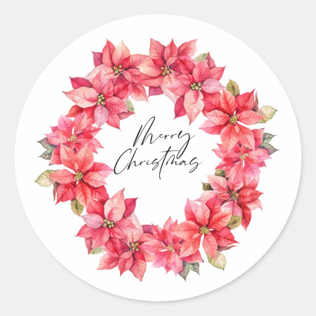 Classic Poinsettia Weihnachtskranz mit Beeren Runder Aufkleber (Vorderseite)