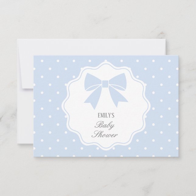 Classic Polka Dots Dusty Blue Bow Boy Baby Dusche Dankeskarte (Vorderseite)