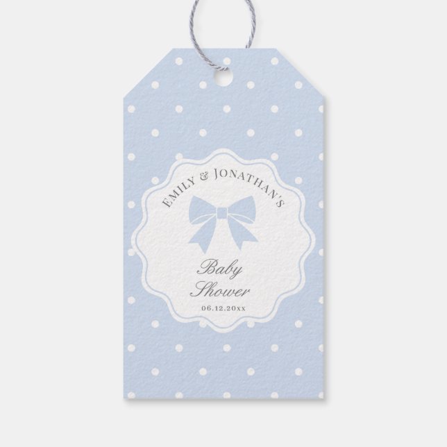 Classic Polka Dots Dusty Blue Bow Boy Baby Dusche Geschenkanhänger (Rückseite)