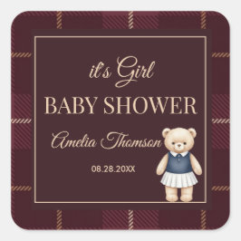 Classic Polo Teddy Bear Preppy Plaid Baby Shower  Quadratischer Aufkleber