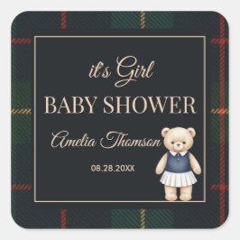 Classic Polo Teddy Bear Preppy Plaid Baby Shower  Quadratischer Aufkleber