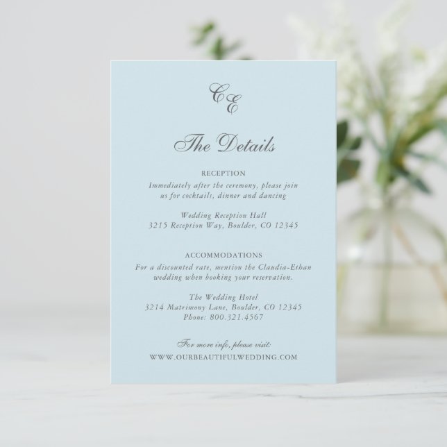 Classic Powder Blue Monogram Elegant Wedding Begleitkarte (Stehend Vorderseite)