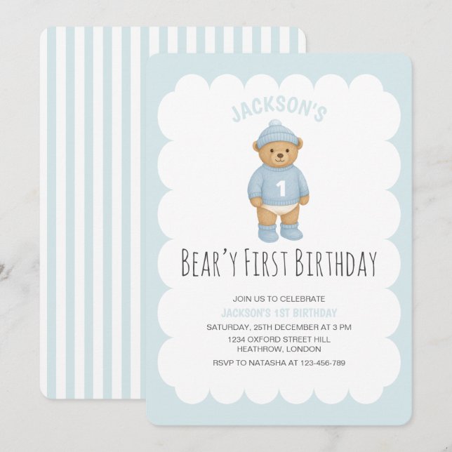 Classic Preppy Bear Blue Boy Birthday Einladung (Vorne/Hinten)