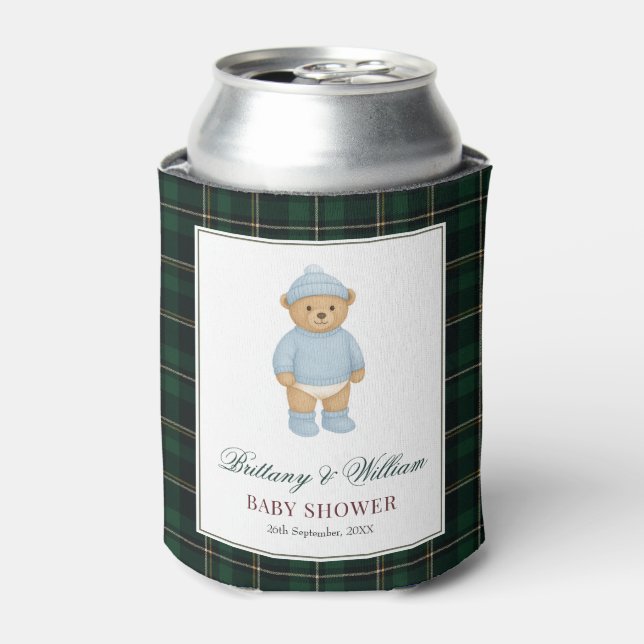 Classic Preppy Bear Designer Plaid Baby Shower Dosenkühler (Kanne Vorderseite)