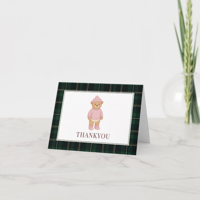 Classic Preppy Bear Pink Baby Dusche Dankeskarte (Vorderseite)