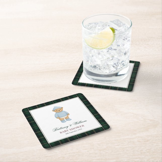 Classic Preppy Bear Tartan Plaid Baby Shower Rechteckiger Pappuntersetzer (Vor Ort)