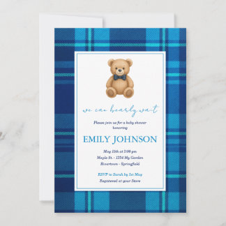 Classic Preppy Blue Kariert Teddy Bear Baby Dusche Einladung
