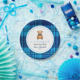 Classic Preppy Blue Kariert Teddy Bear Baby Dusche Pappteller