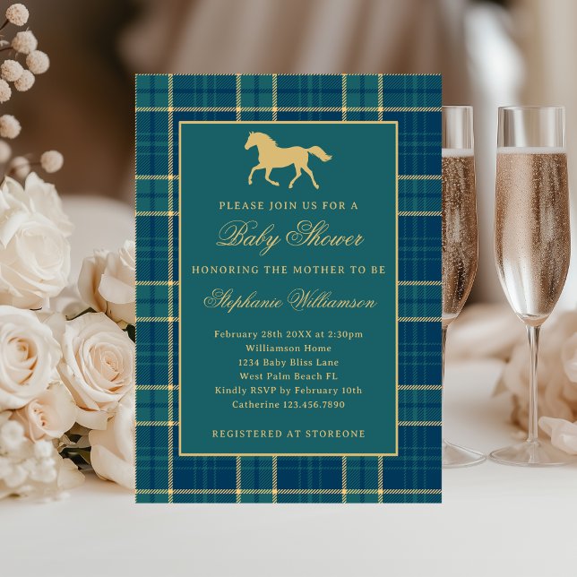 Classic Preppy Kariert Green Reittier Baby Shower Einladung (Von Creator hochgeladen)