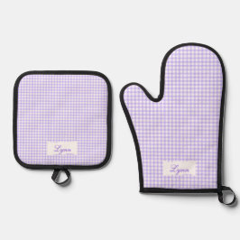 Classic Purple & White Gingham | Personalized Name Ofenhandschuh & Topflappen-Set