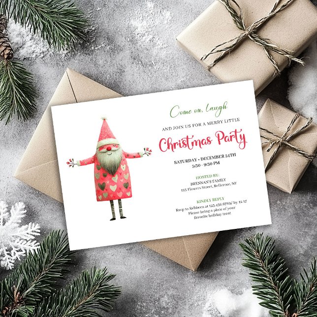 Classic Quirky Santa Red Green Christmas Party  Einladung (Classic Quirky Santa Red Green Christmas Party Card)