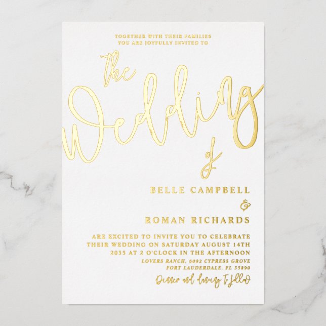 Classic Real Gold Calligraphy Wedding Folieneinladung (Vorderseite)
