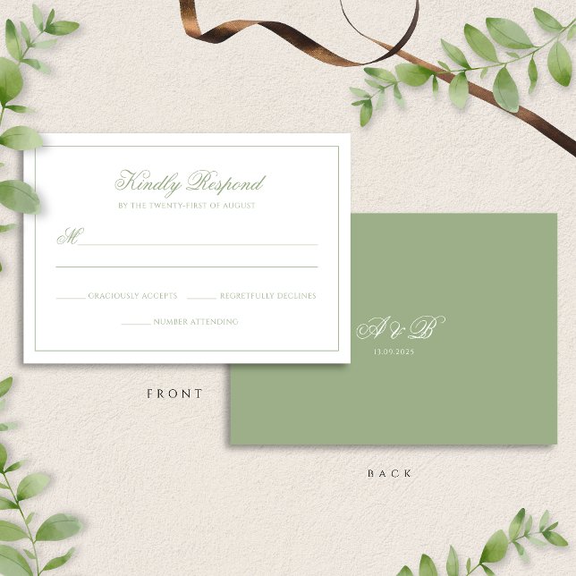 Classic Real Sage Green Monogram Script Wedding RSVP Karte (Von Creator hochgeladen)