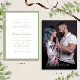 Classic Real Sage Green Script & Photo Wedding Einladung