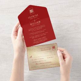 Classic Rectangle Double Happiness Chinese Wedding All In One Einladung