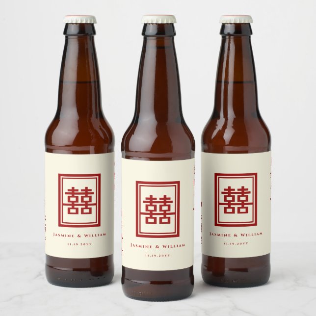 Classic Rectangle Double Happiness Chinese Wedding Bierflaschenetikett (Flaschen)