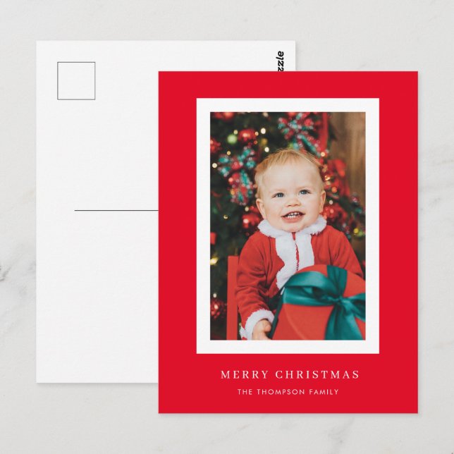 Classic Red Background Foto Weihnachtskarte Postkarte (Vorne/Hinten)