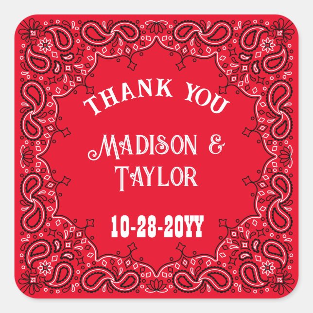Classic Red Bandana Western Wedding Vielen Dank Quadratischer Aufkleber (Vorderseite)