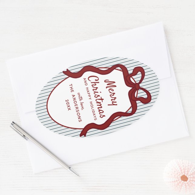 Classic Red Blue Stripes & Bow Frame Christmas  Ovaler Aufkleber (Umschlag)