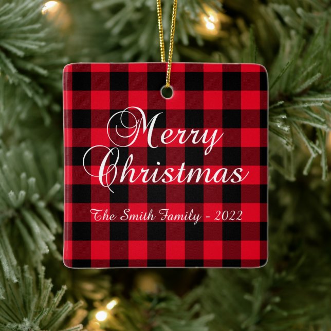 Classic Red Buffalo Kariertes WeihnachtsfamilienFo Keramikornament (Baum)