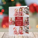 Classic Red Christmas Family Foto Collage geklappt Feiertagskarte<br><div class="desc">Diese niedliche,  moderne,  gefaltete Weihnachtskarte zeichnet sich durch ein elegantes Layout von 5 Fotos auf einem schönen roten Hintergrund mit weißer Typografie aus. Diese wunderschöne Familienurlaubskarte mit einer eigenen Fotocollage rund um Ihre Nachricht und Ihren Familiennamen.</div>