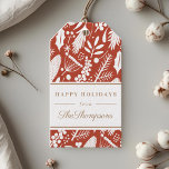 Classic Red Christmas Foliage Happy Holidays Geschenkanhänger<br><div class="desc">Weihnachtsgeschenktafeln mit klassischer Typografie auf rot-weißem Weihnachtsgrün-Muster.</div>
