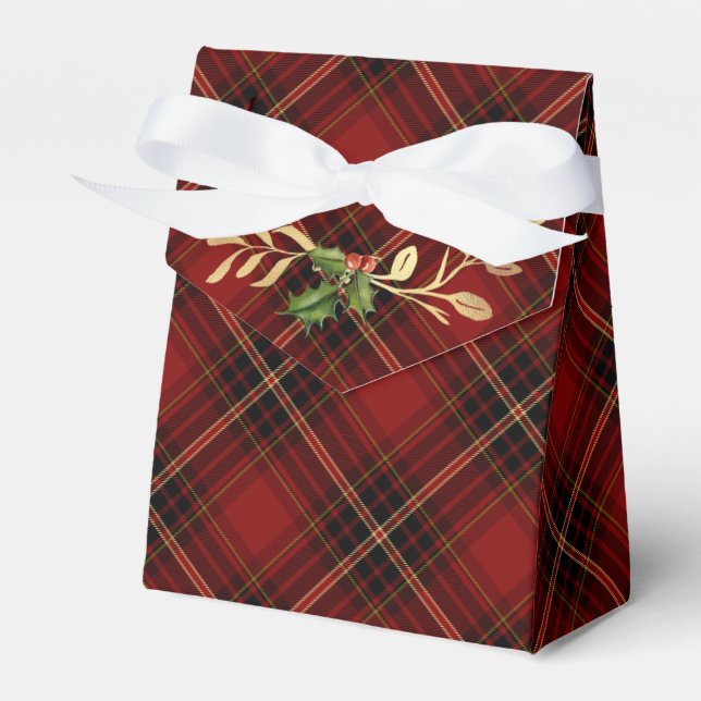 Classic Red Christmas Tartan, Holly & Gold Blätter Geschenkschachtel (Vorderseite)