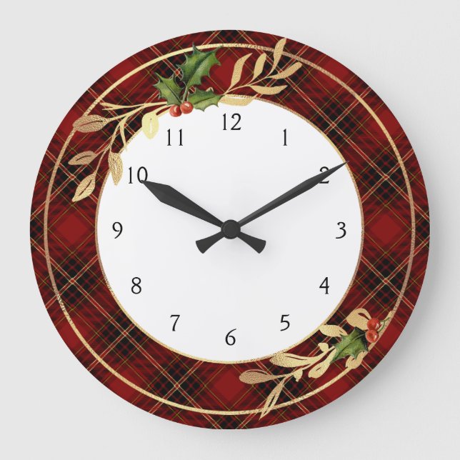 Classic Red Christmas Tartan, Holly & Gold Blätter Große Wanduhr (Vorderseite)