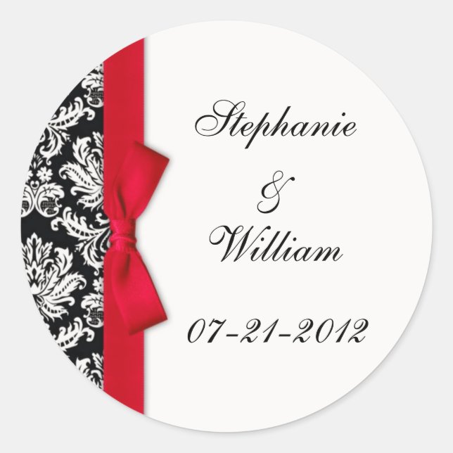 Classic Red Damask Wedding Label Runder Aufkleber (Vorderseite)